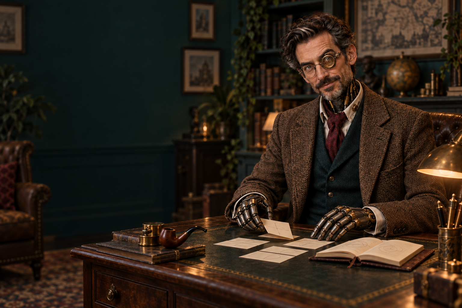 Sherlock, enquêteur humanoïde à l’œil-loupe, organise des cartes sur son bureau avec ses mains mécaniques.