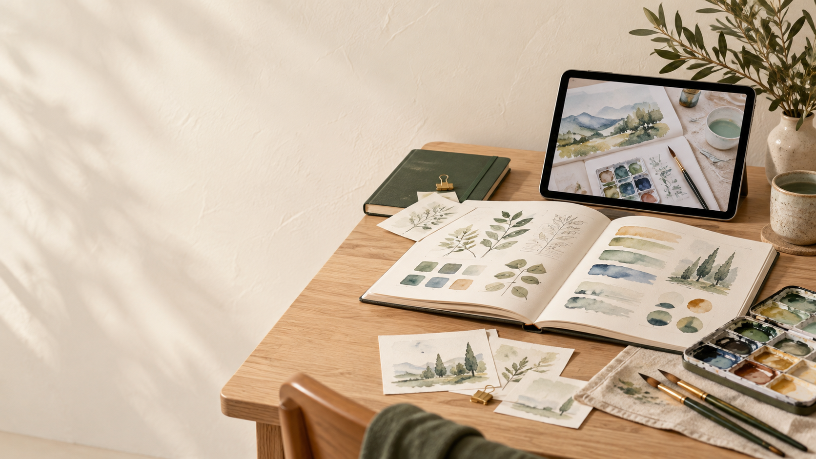 Un guide d’aquarelle, une leçon sur tablette et des notes illustrent les documents que tu peux fournir.